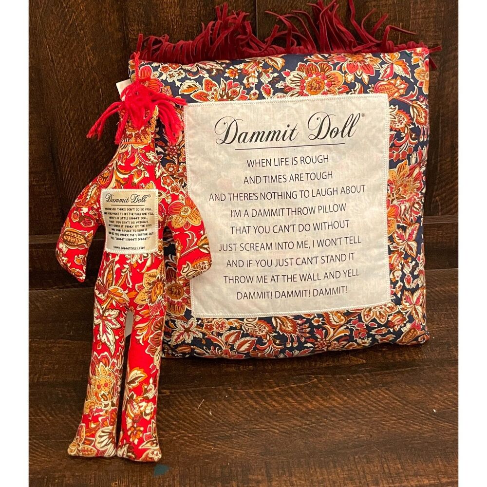 Dammit Doll Throw Pillow Set Floral Stress Relief Doll Novelty Gift Red Navy